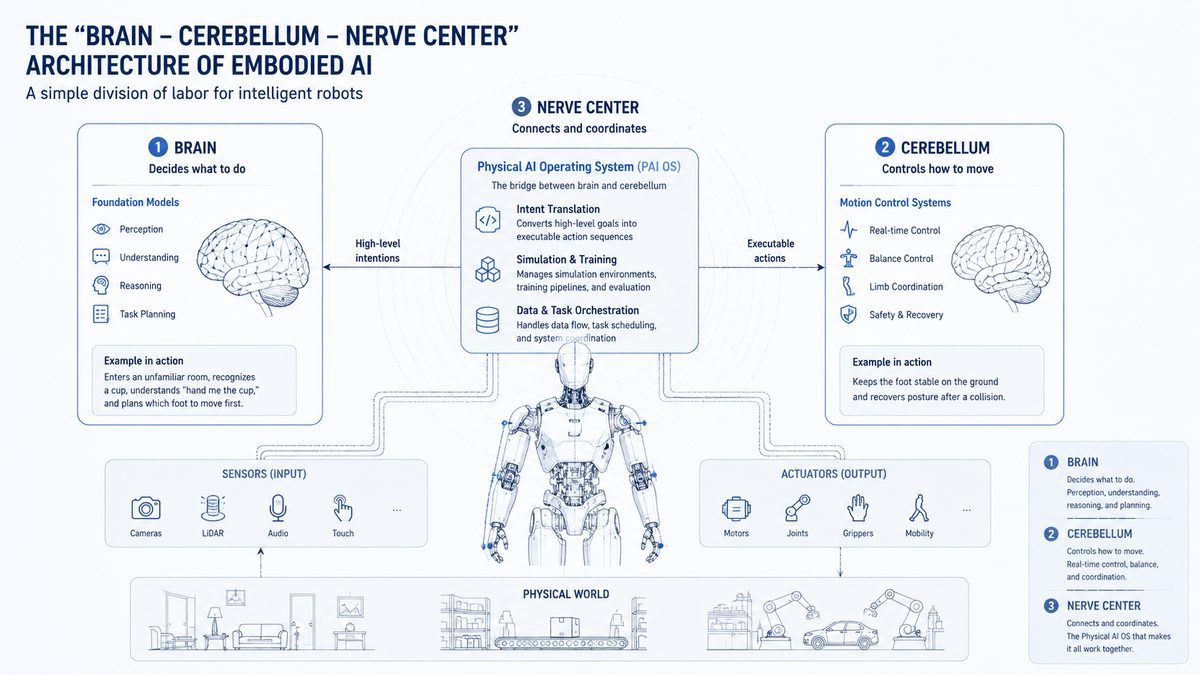 The brain-cerebellum-nerve center architecture of embodied AI